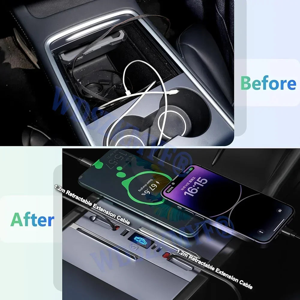 Fast Charging USB Hub Expansion Dock for Tesla Model Y & Model 3 - 65W/45W Power for 2025 & 2024 Models