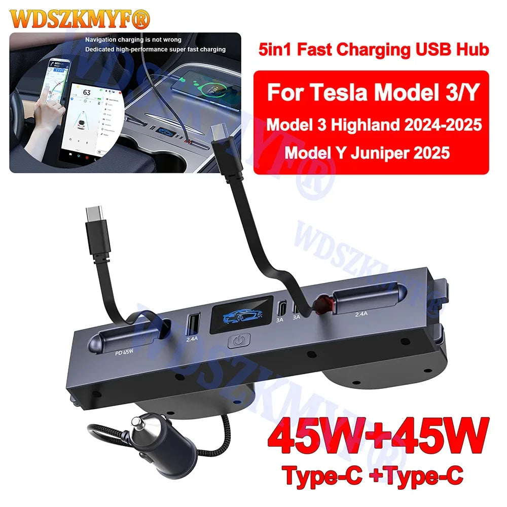 Fast Charging USB Hub Expansion Dock for Tesla Model Y & Model 3 - 65W/45W Power for 2025 & 2024 Models