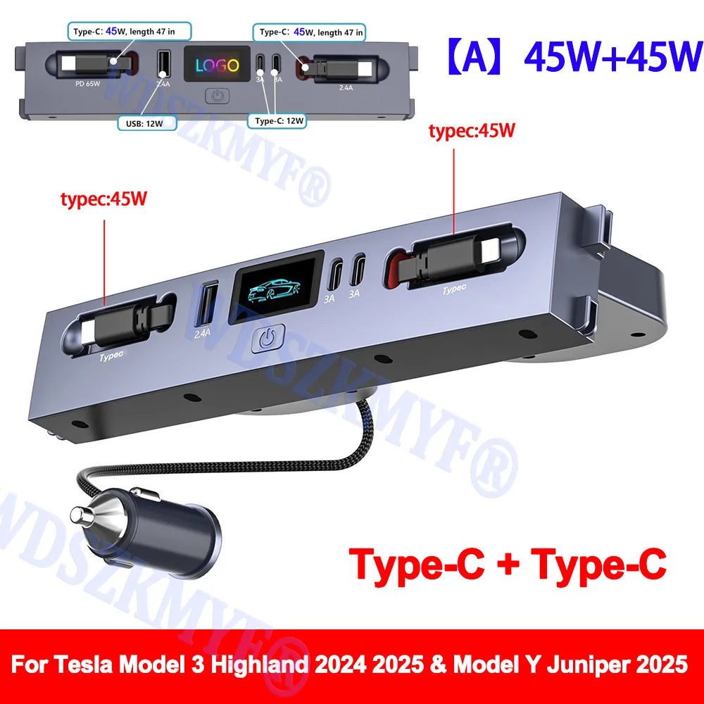 Fast Charging USB Hub Expansion Dock for Tesla Model Y & Model 3 - 65W/45W Power for 2025 & 2024 Models