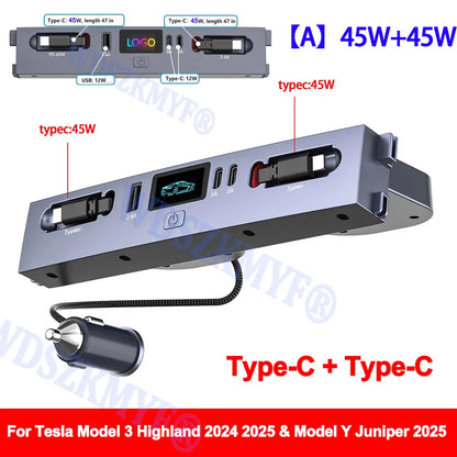 Fast Charging USB Hub Expansion Dock for Tesla Model Y & Model 3 - 65W/45W Power for 2025 & 2024 Models